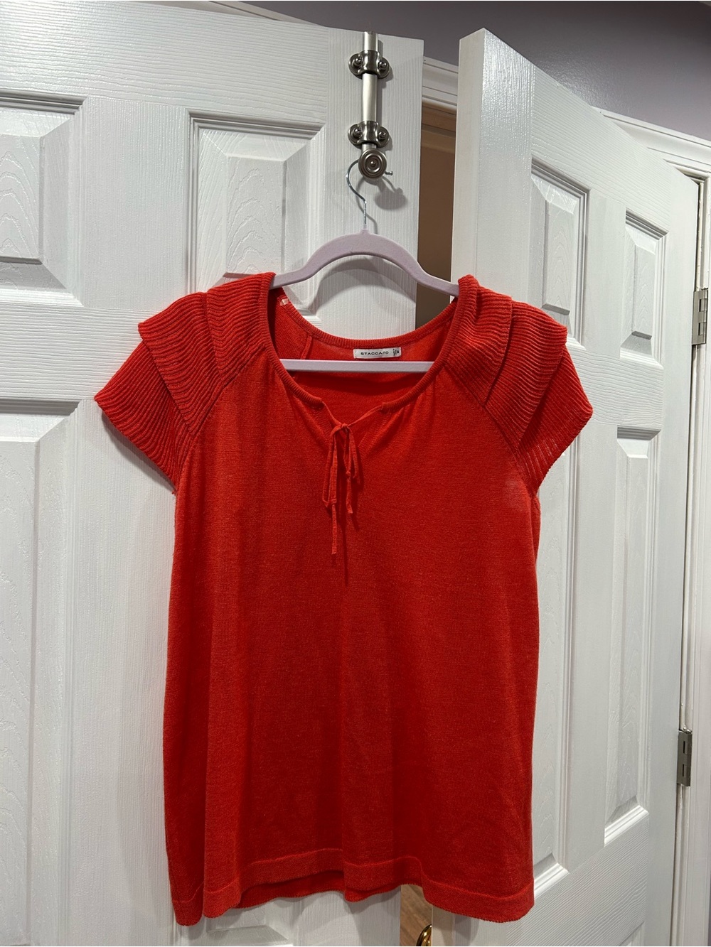 Staccato OrangeShort-Sleeve Knit Top with Tie Neck